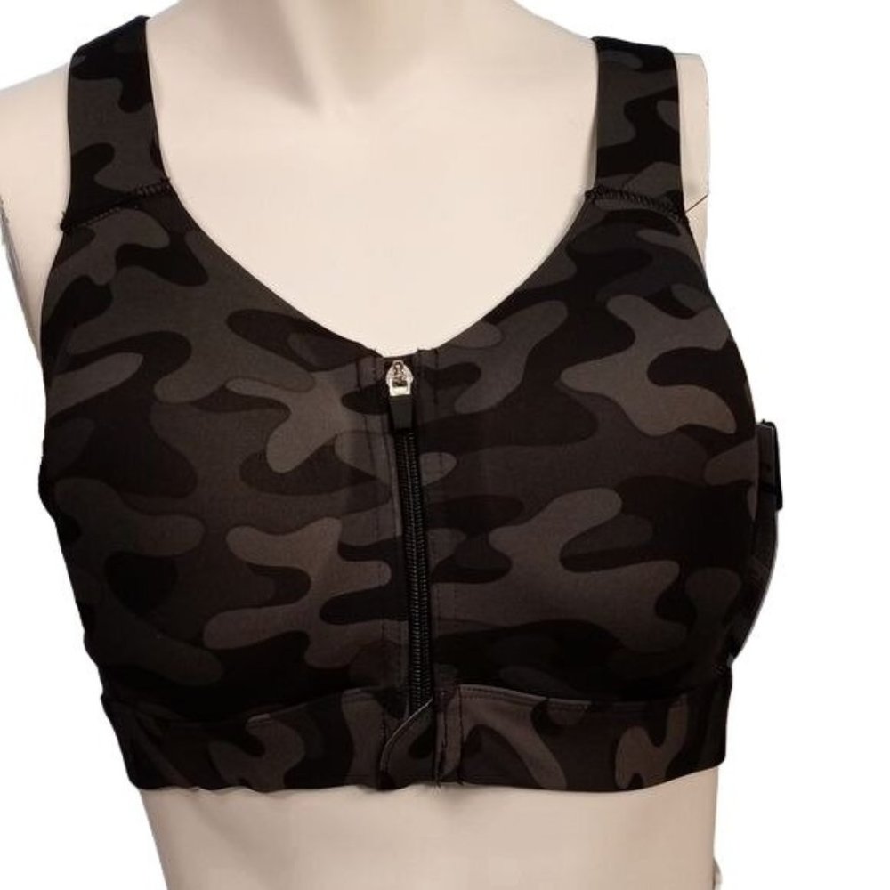 LAYER8 WOMENS MOLDED ZIP FRONT BLACK GRAY CAMO SPORT BRA SIZE SMALL